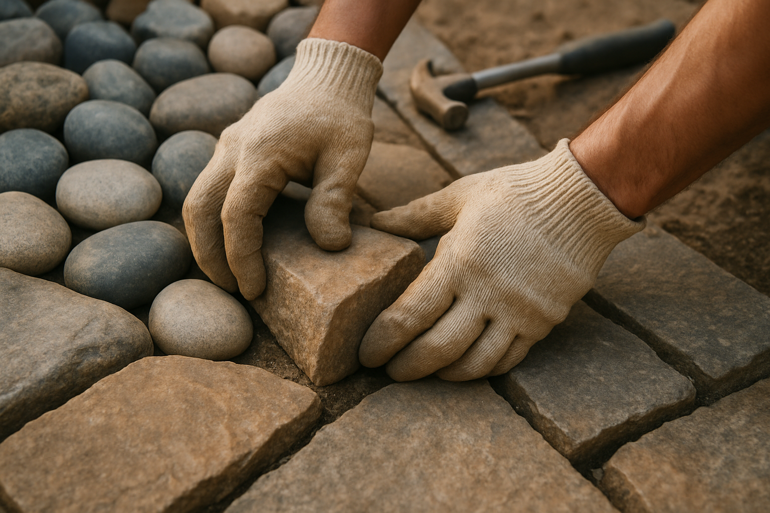 close up of hands installing decorative stone 